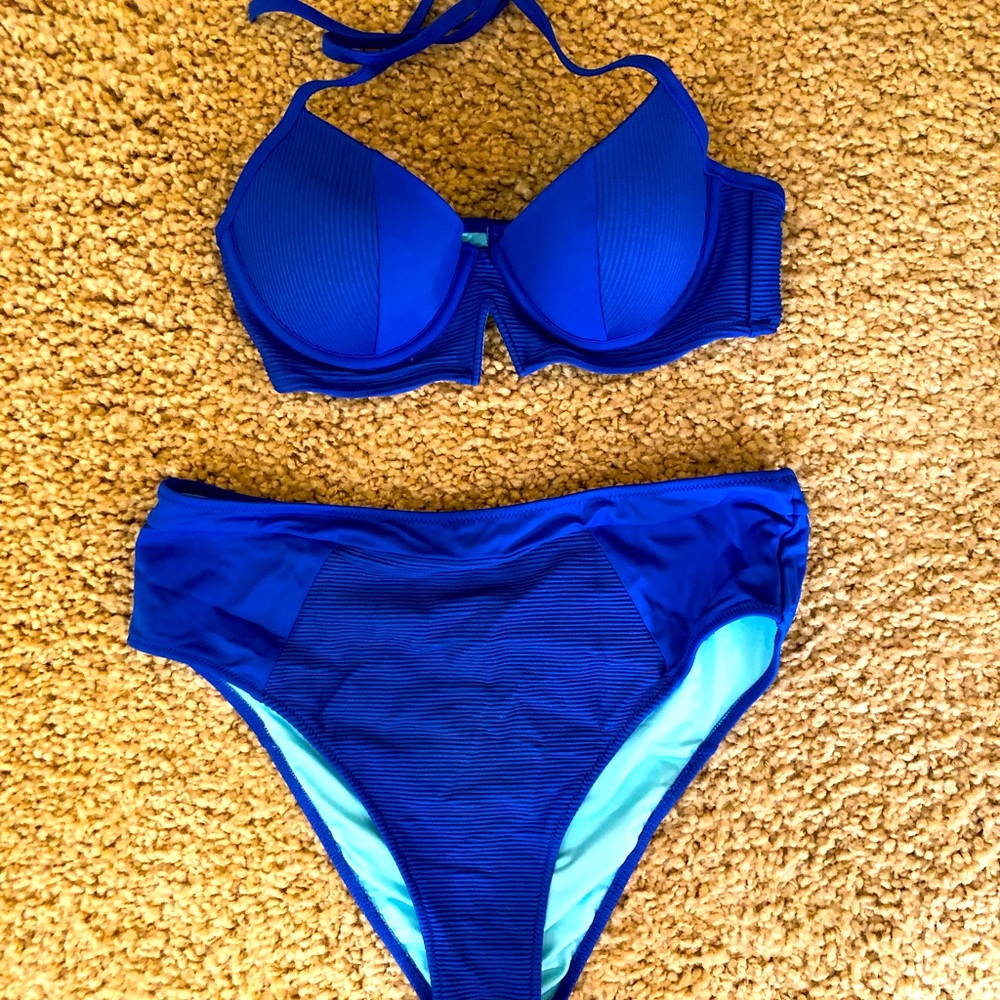 Shade and shore bright blue high waisted bikini with underwire cups medium 34B